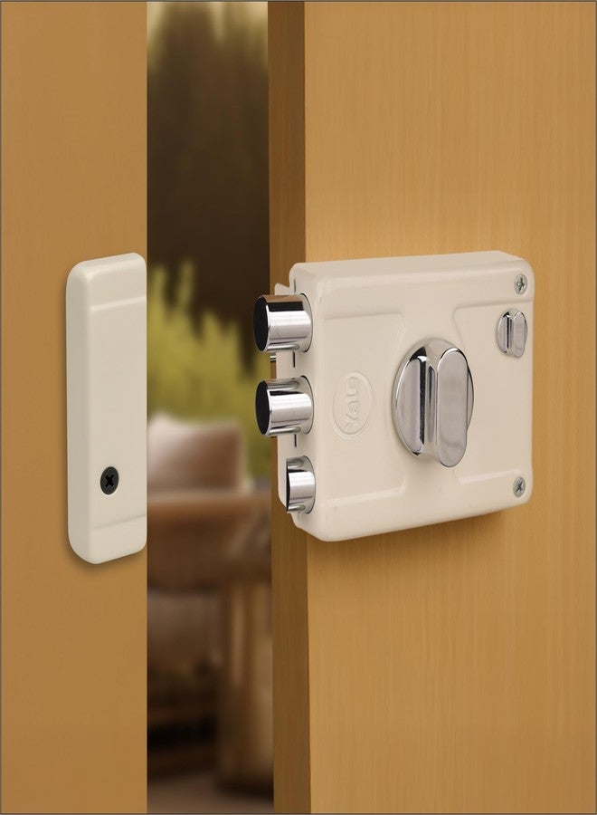 ييل قفل YALE Rim Lock، مزود بقفلين مزلاج وقفل واحد، ومقبض إبهام، وأربعة مفاتيح ذات غمازات (لون عاجي) | قفل باب رئيسي للمنزل/غرفة النوم/المكتب/الفندق (اللون: فضي) - Image 4